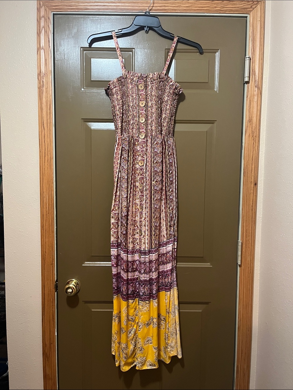Smocked Boho Maxi Dress in Burgundy with Yellow Border